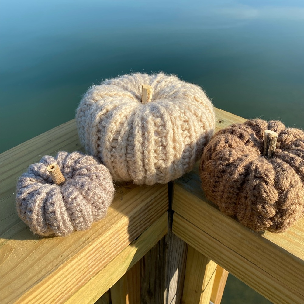 Crochet stacking pumpkin trio Neutral brown fall decor handmade one set - Picture 3 of 6